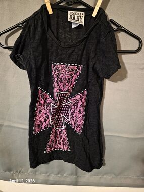 Black Short Sleeve Tee with Pink Cross Graphic